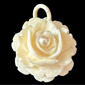 Antique Victorian Carved Bovine Bone Rose Pendant with Freshwater Pearl